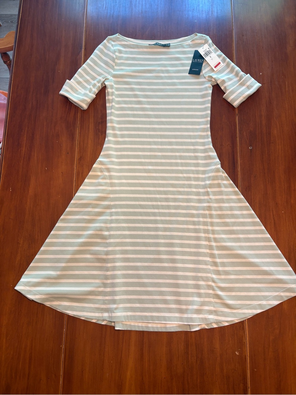 Ralph Lauren Striped Mint Green & White Fit-and-Flare Midi Dress